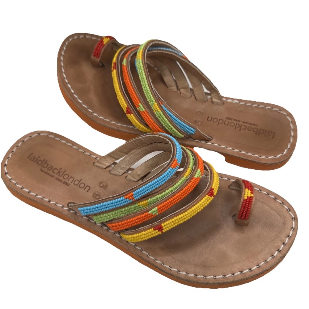 Laidback London Kamba Sandals Leather Handmade Beaded Toe Loop Size Sz‎ 39/ US 8 - Picture 2 of 6